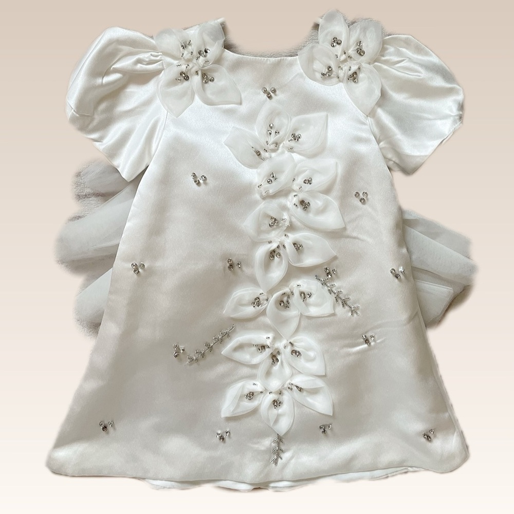 Beautiful White Satin Dress with Floral Accents